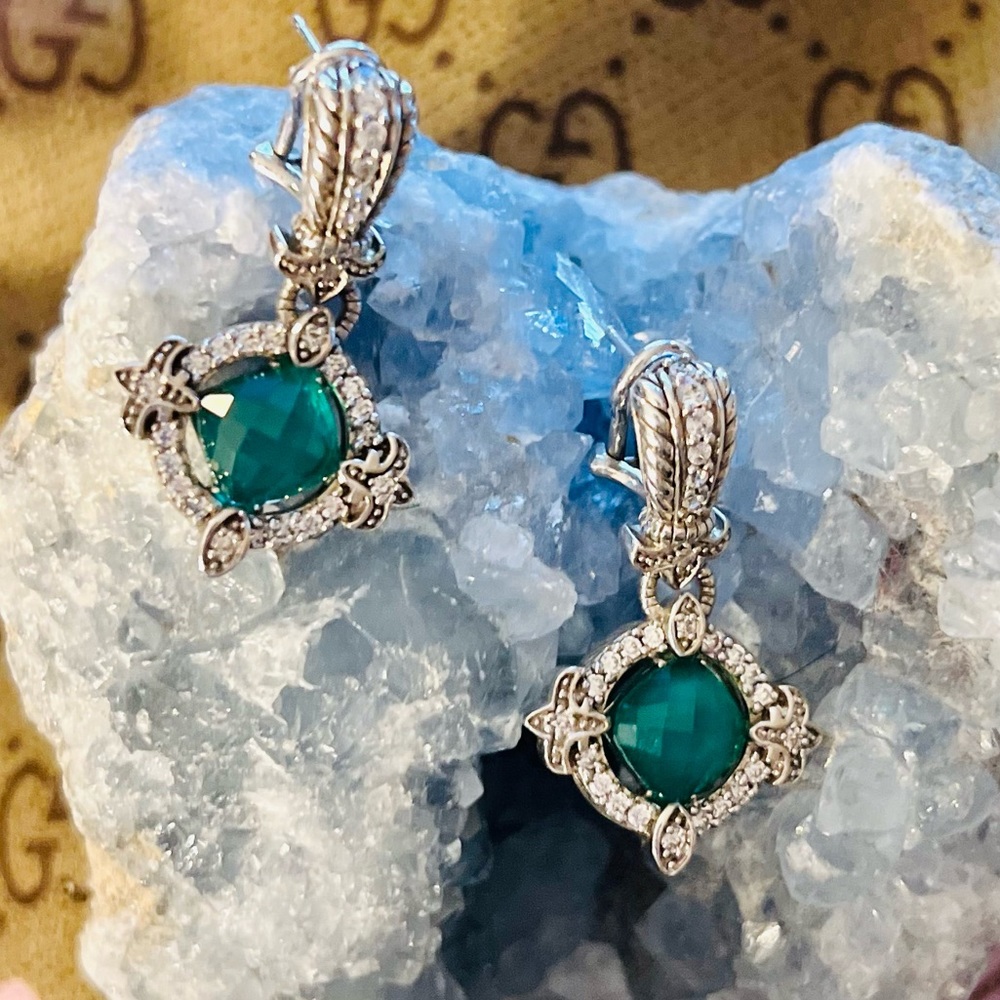 Judith Ripka Green Chalcedony Gemstone with white CZ Sterling Silver Earrings